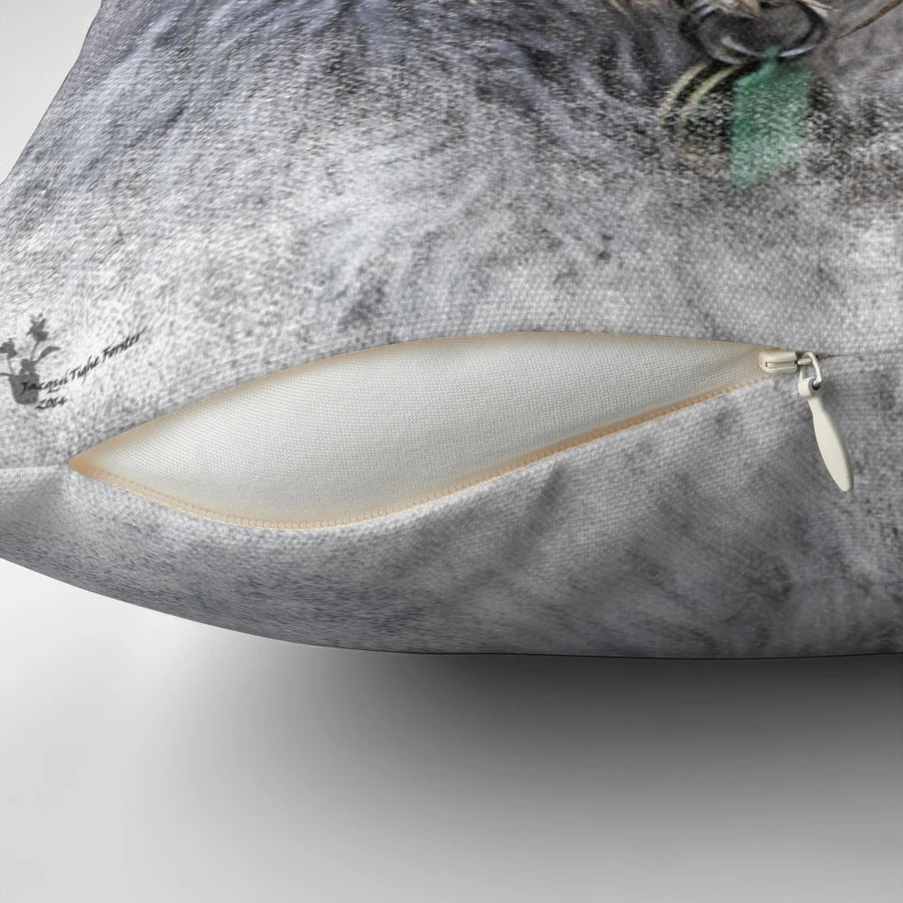 A digital art pillow featuring a close-up portrait of a grey Schnauzer dog