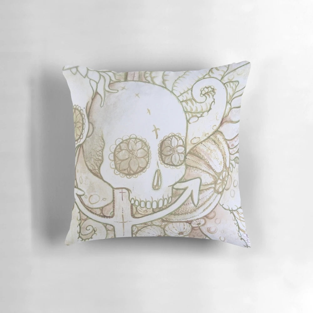 A decorative pillow featuring a black and white sketch of a human skull floating in the deep, mysterious ocean.