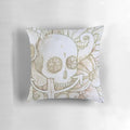 A decorative pillow featuring a black and white sketch of a human skull floating in the deep, mysterious ocean.