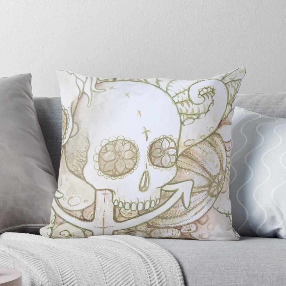 A decorative pillow featuring a black and white sketch of a human skull floating in the deep, mysterious ocean.