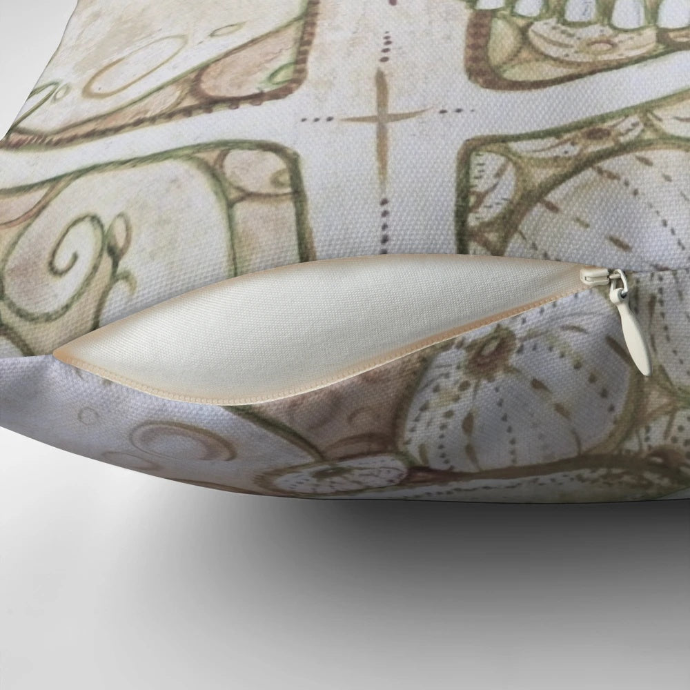 A decorative pillow featuring a black and white sketch of a human skull floating in the deep, mysterious ocean.