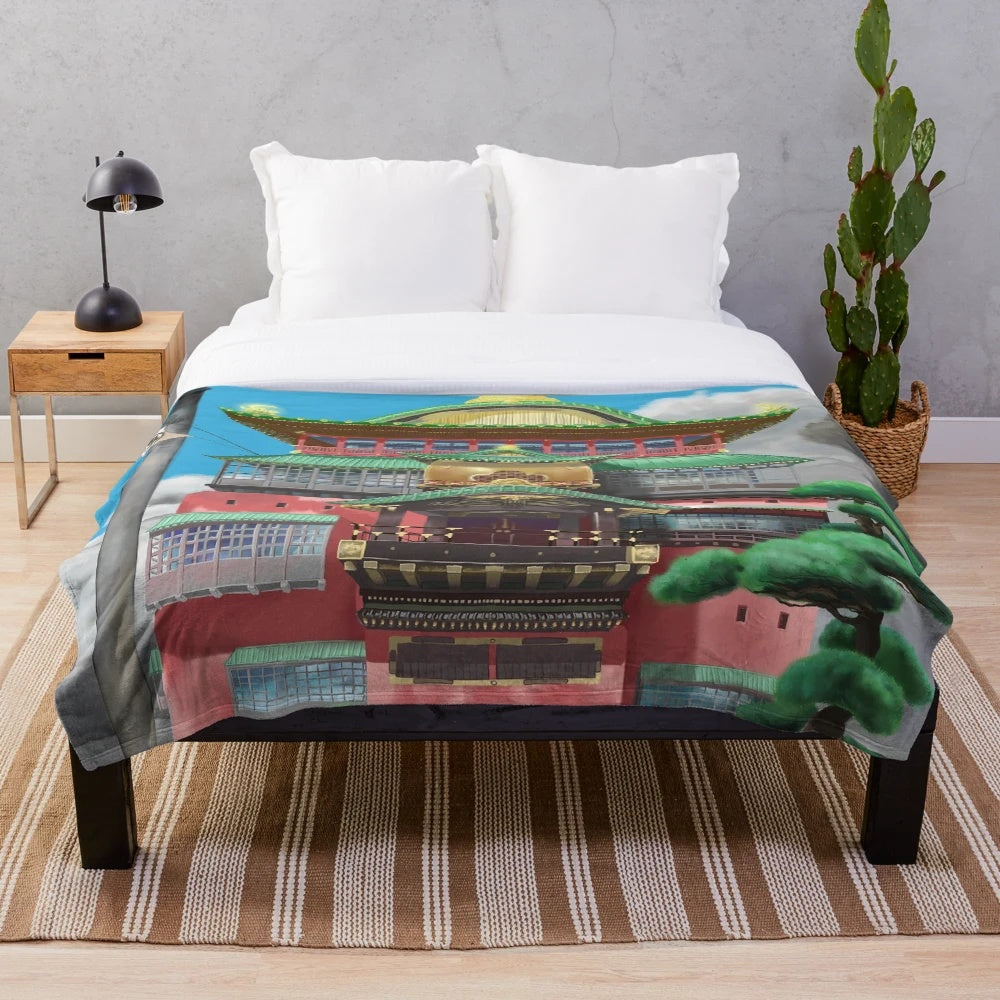 Spirited Away bathhouse plush blanket with anime landscape artwork