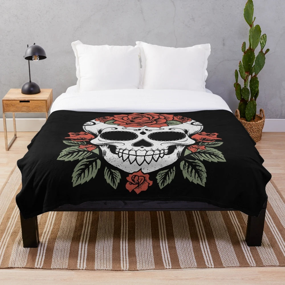 Soft and cozy plush blanket featuring an artistic sugar skull design with roses