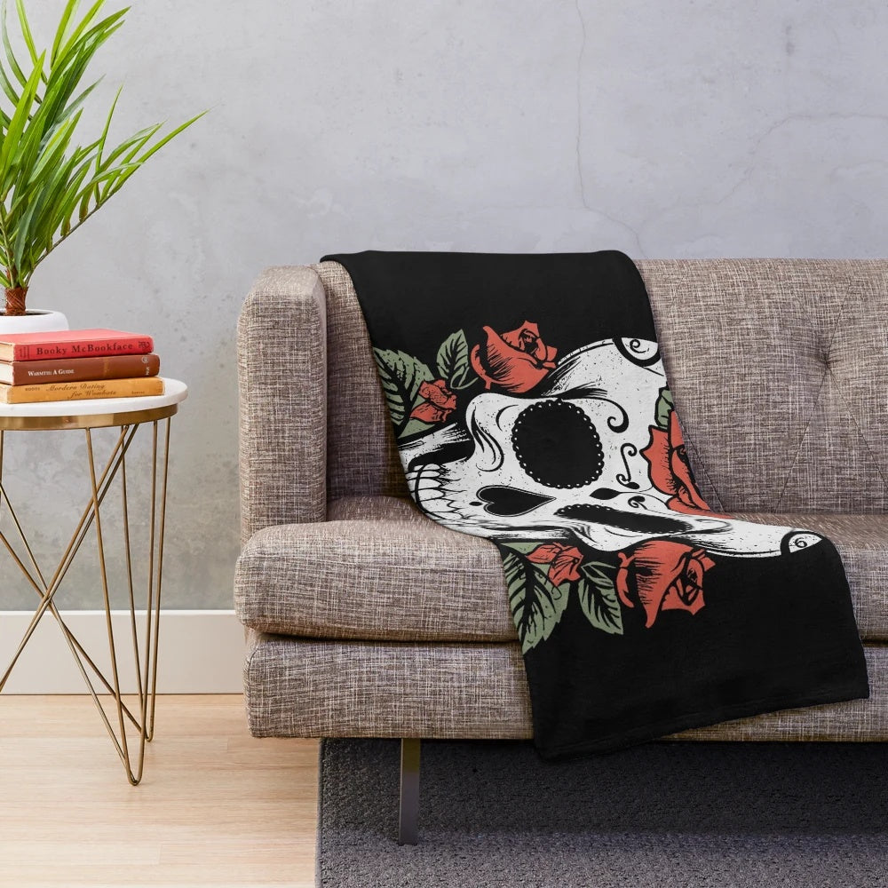 Soft and cozy plush blanket featuring an artistic sugar skull design with roses