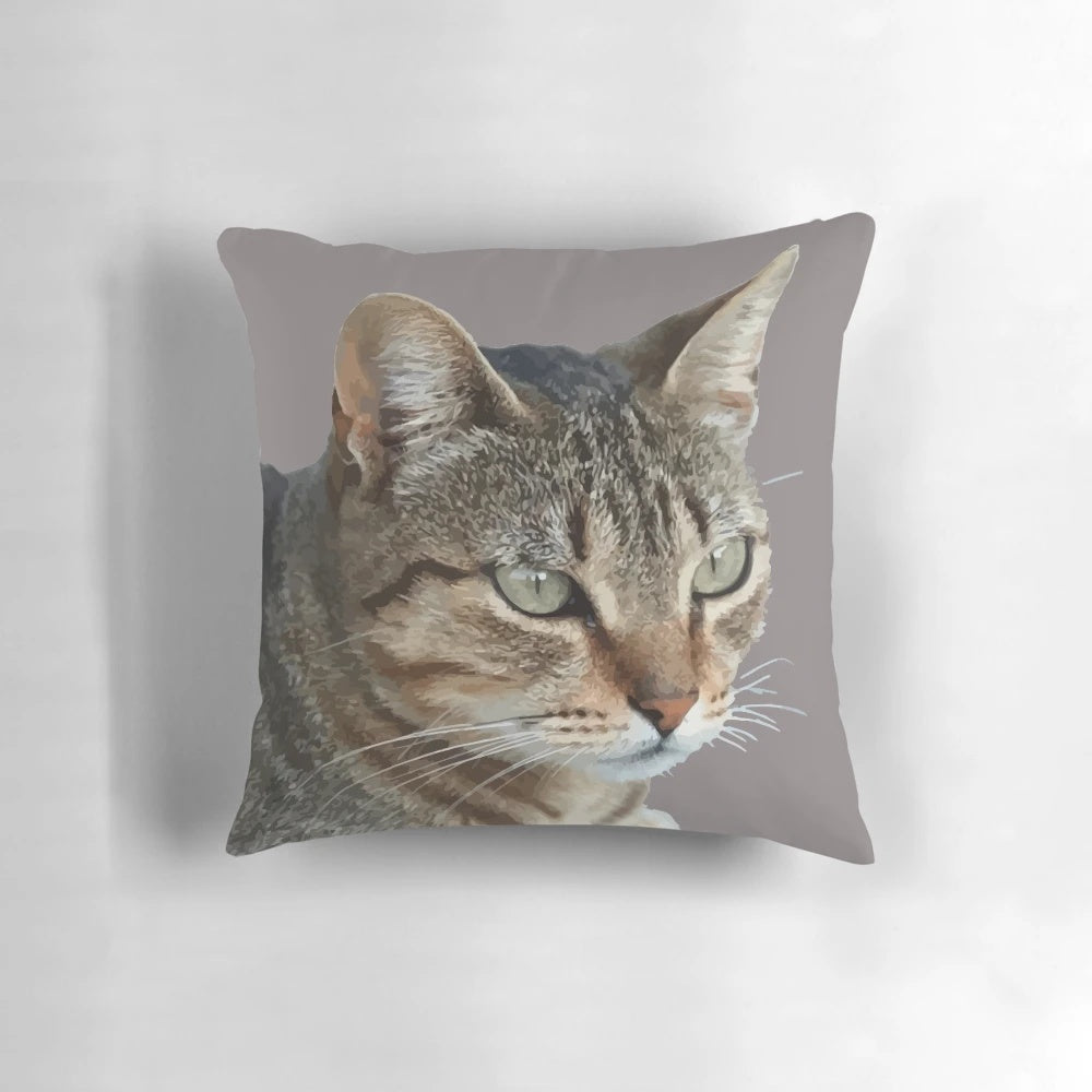 Closeup portrait of a tabby cat on a decorative throw pillow