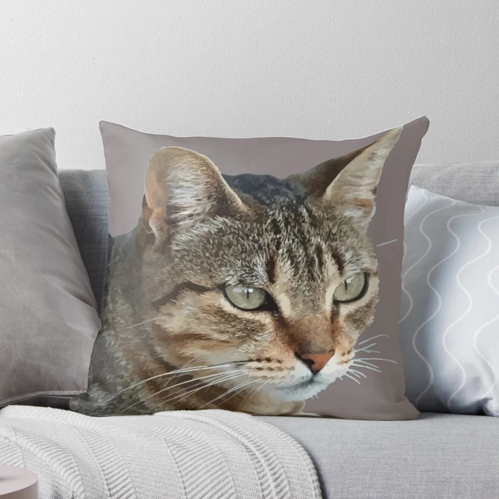 Closeup portrait of a tabby cat on a decorative throw pillow