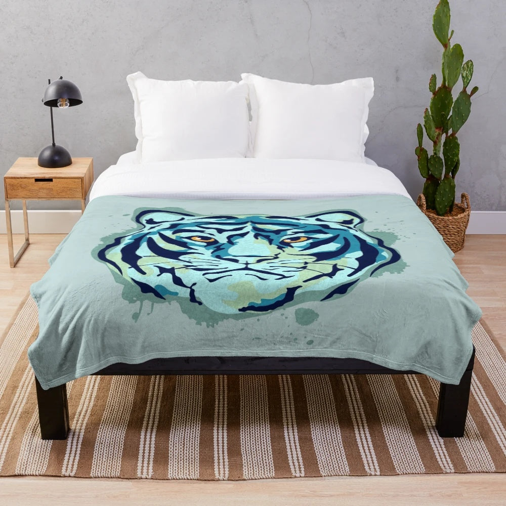 Plush tiger print blanket with artistic urban design