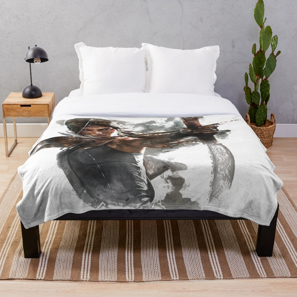 Tomb Raider inspired handdrawn watercolor art plush blanket
