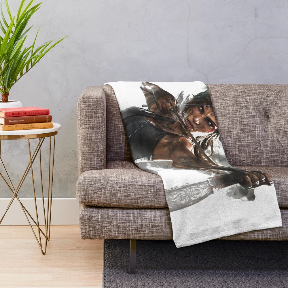 Tomb Raider inspired handdrawn watercolor art plush blanket