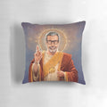 An original pop art painting of Jeff Goldblum depicted as a religious figure on a decorative pillow