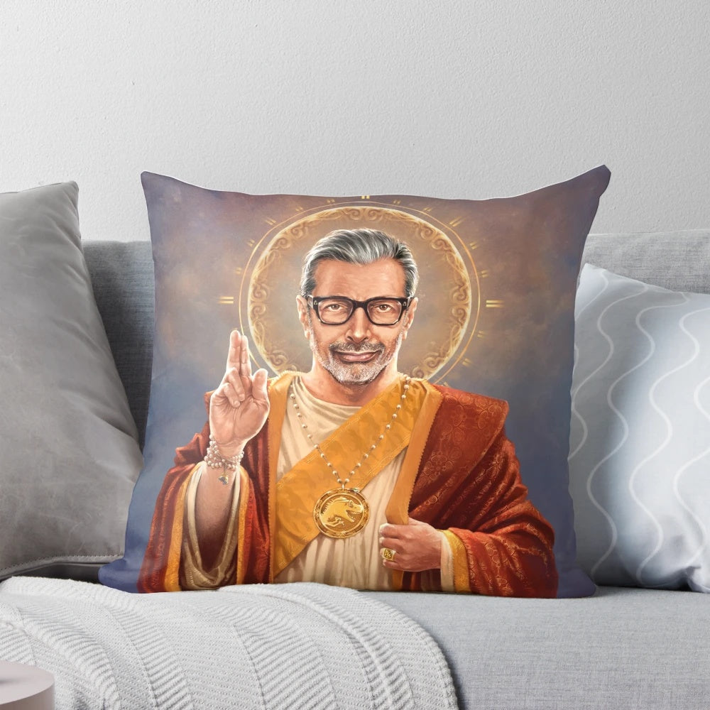 An original pop art painting of Jeff Goldblum depicted as a religious figure on a decorative pillow