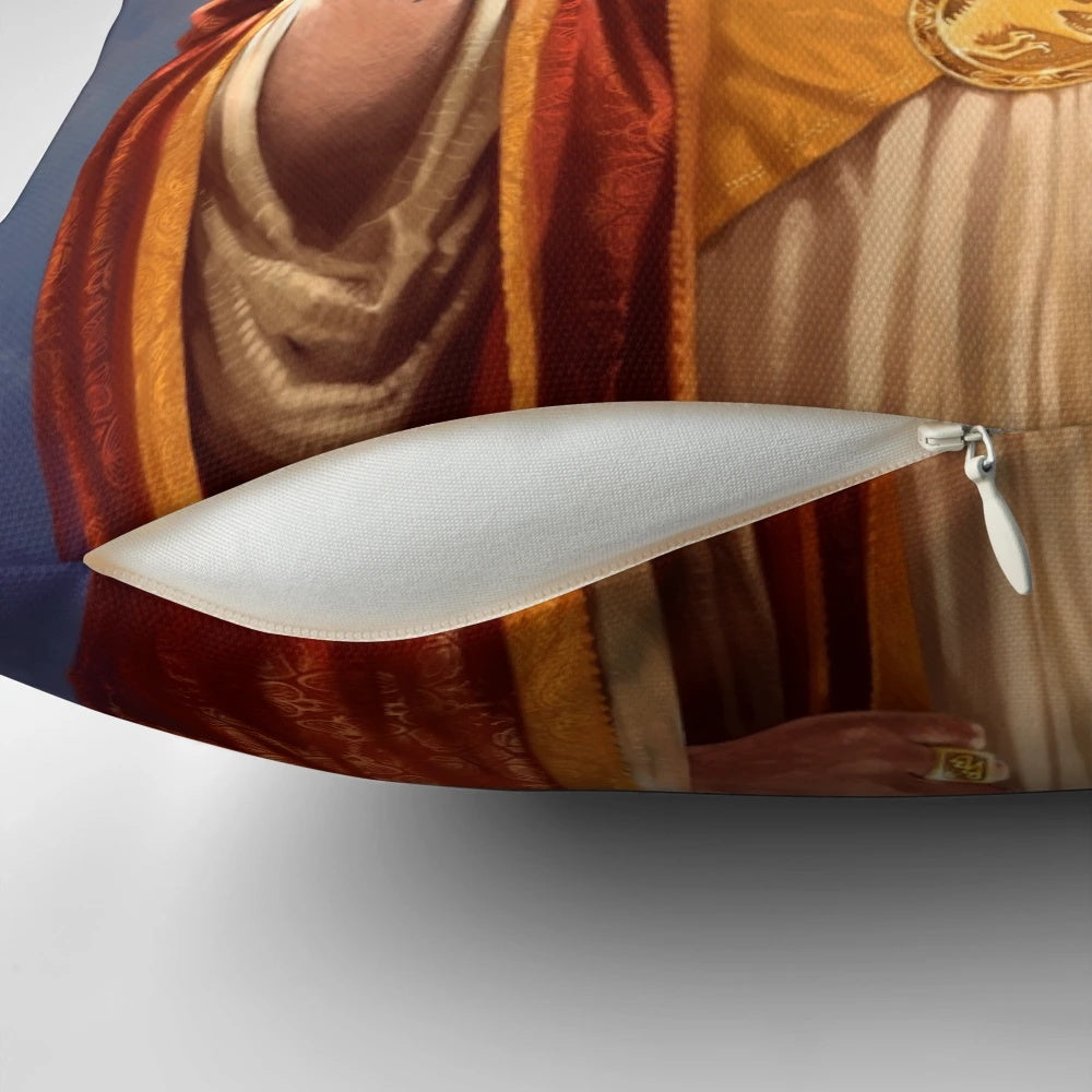 An original pop art painting of Jeff Goldblum depicted as a religious figure on a decorative pillow