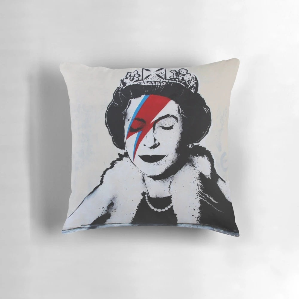 Vibrant Banksy-inspired Ziggy Stardust Queen of England street art design on a throw pillow