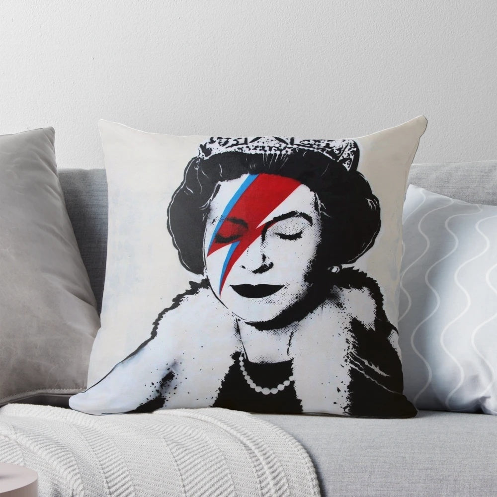 Vibrant Banksy-inspired Ziggy Stardust Queen of England street art design on a throw pillow