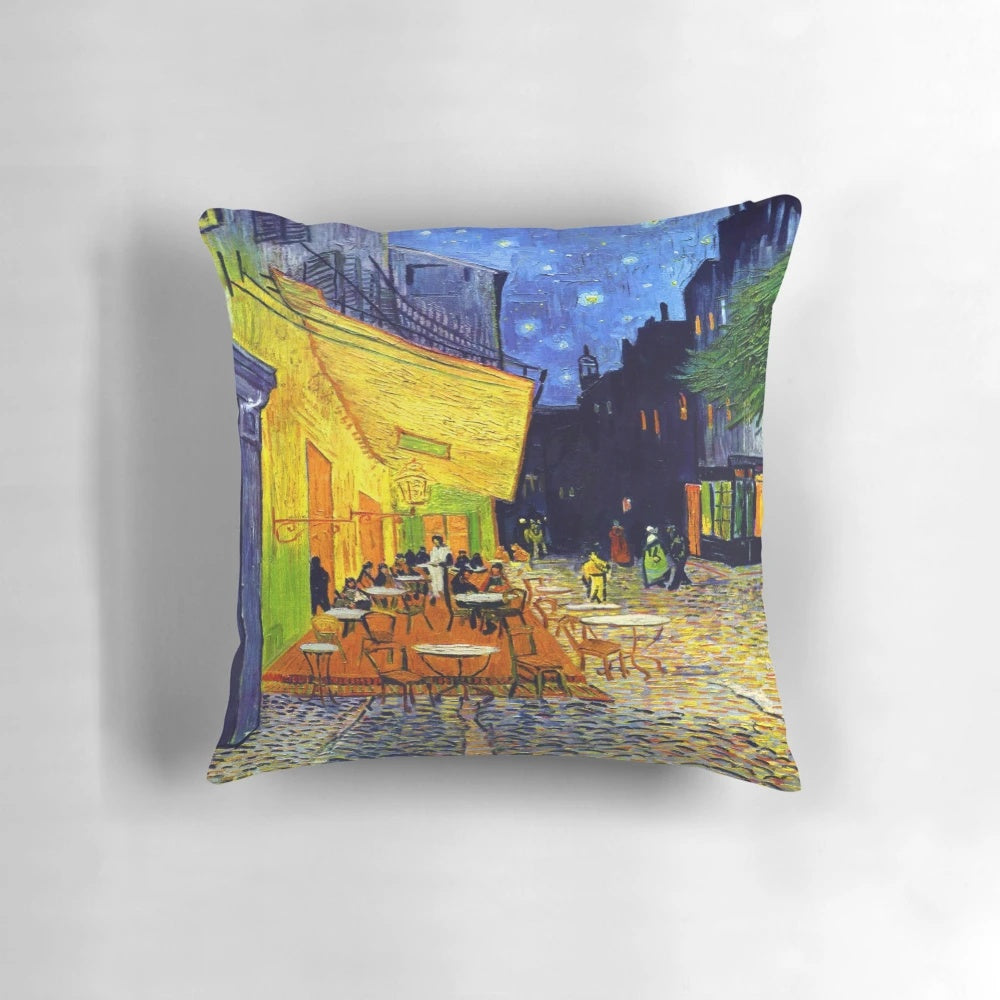 Vibrant pillow featuring the iconic Cafe Terrace at Night painting by Vincent Van Gogh