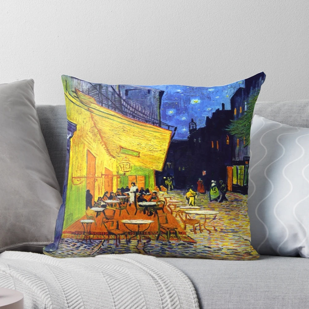 Vibrant pillow featuring the iconic Cafe Terrace at Night painting by Vincent Van Gogh