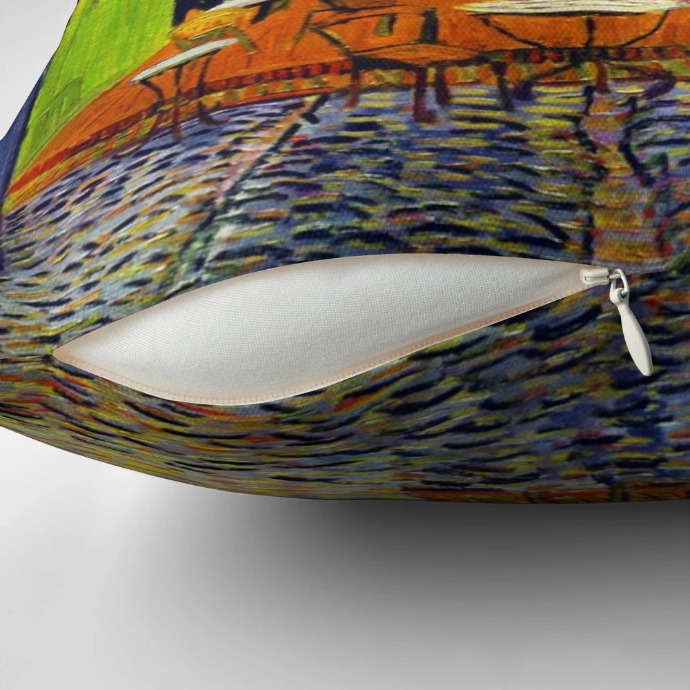 Vibrant pillow featuring the iconic Cafe Terrace at Night painting by Vincent Van Gogh