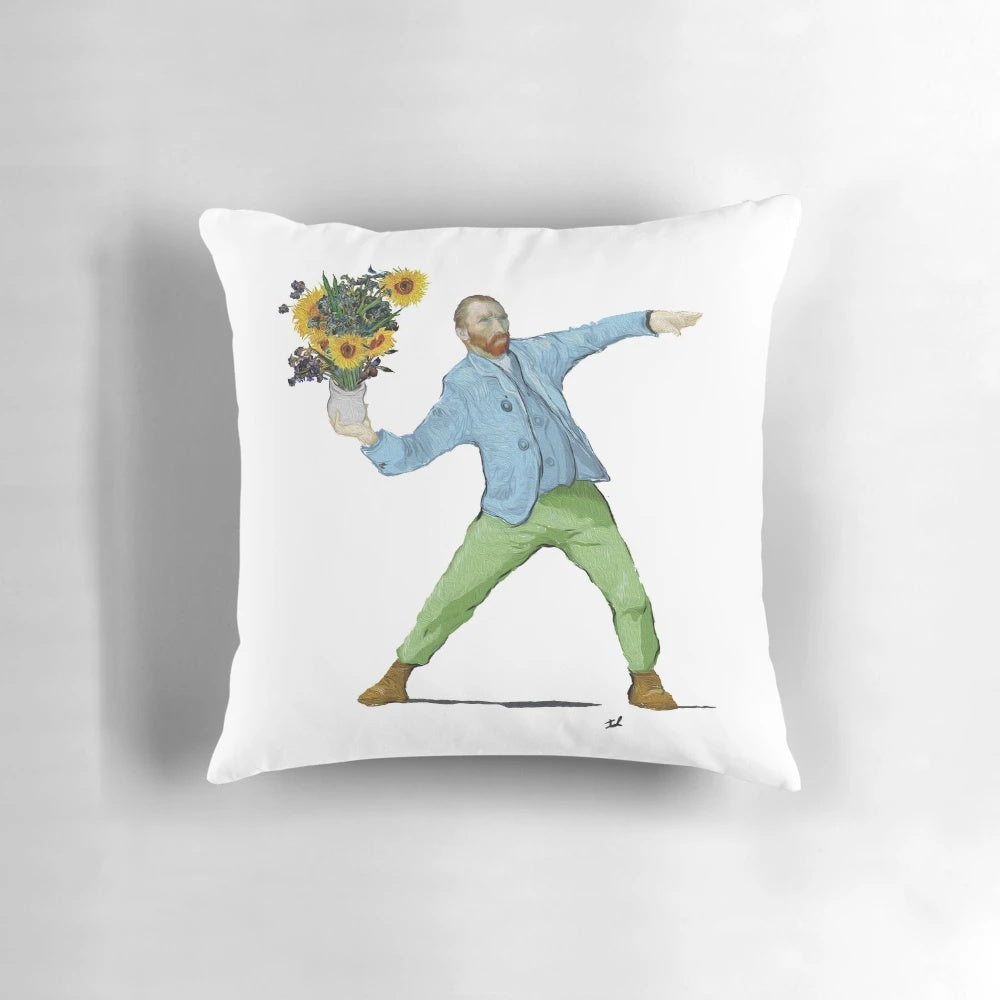 A vibrant, impressionist-style pillow featuring sunflowers and a Molotov cocktail, representing pop culture and resistance.
