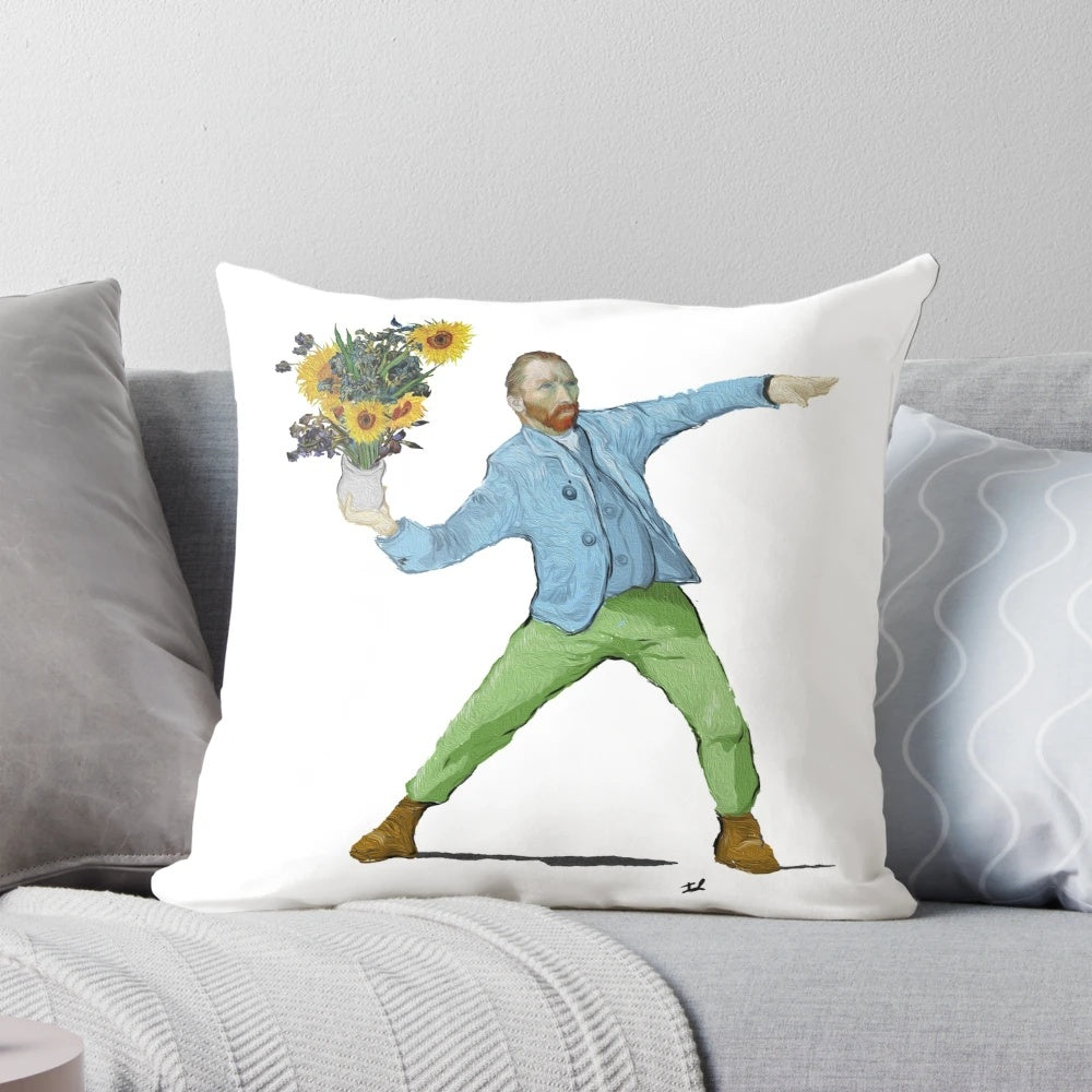 A vibrant, impressionist-style pillow featuring sunflowers and a Molotov cocktail, representing pop culture and resistance.