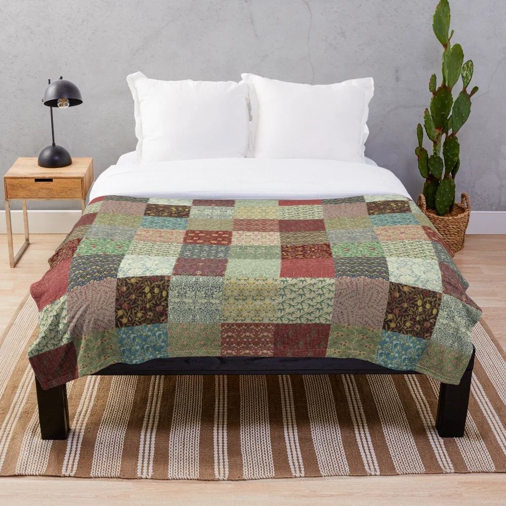 Vintage floral patterned plush blanket with botanical flower design inspired by William Morris