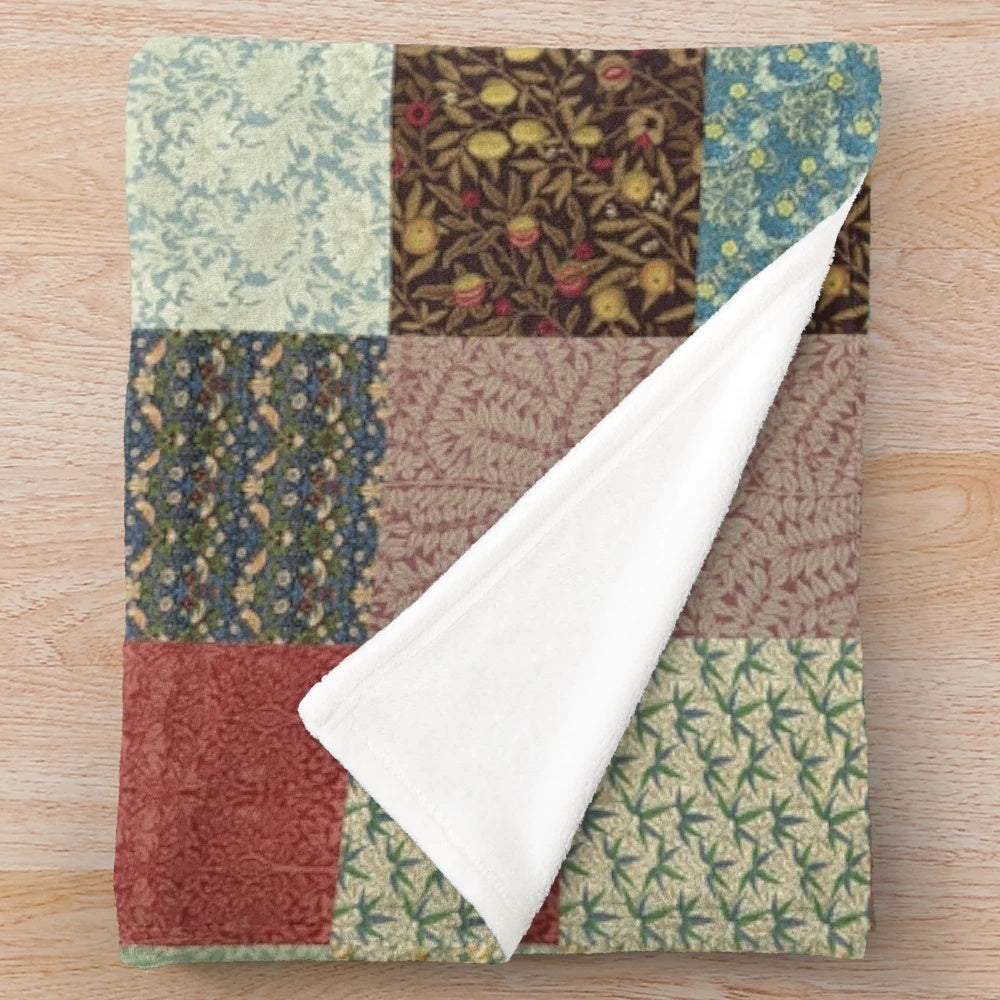 Vintage floral patterned plush blanket with botanical flower design inspired by William Morris