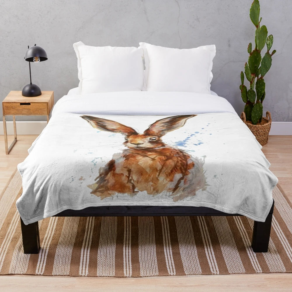 Watercolor painting of a hare on a soft, plush blanket