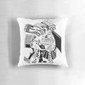 Artistic illustration of a woman with a cat on a decorative pillow