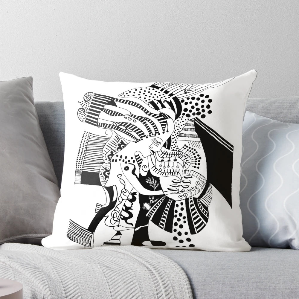 Artistic illustration of a woman with a cat on a decorative pillow