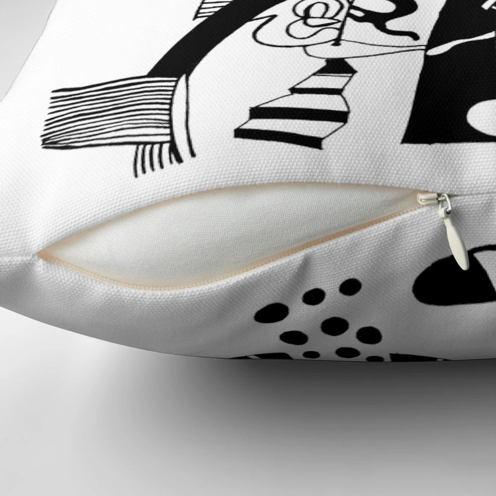 Artistic illustration of a woman with a cat on a decorative pillow