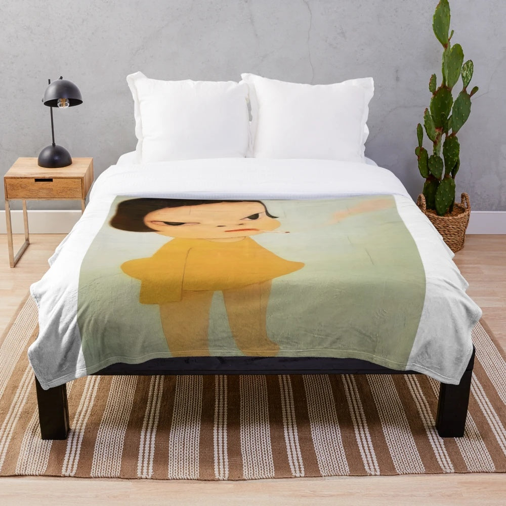 Cozy plush blanket featuring a cute girl painting in the style of renowned artist Yoshitomo Nara