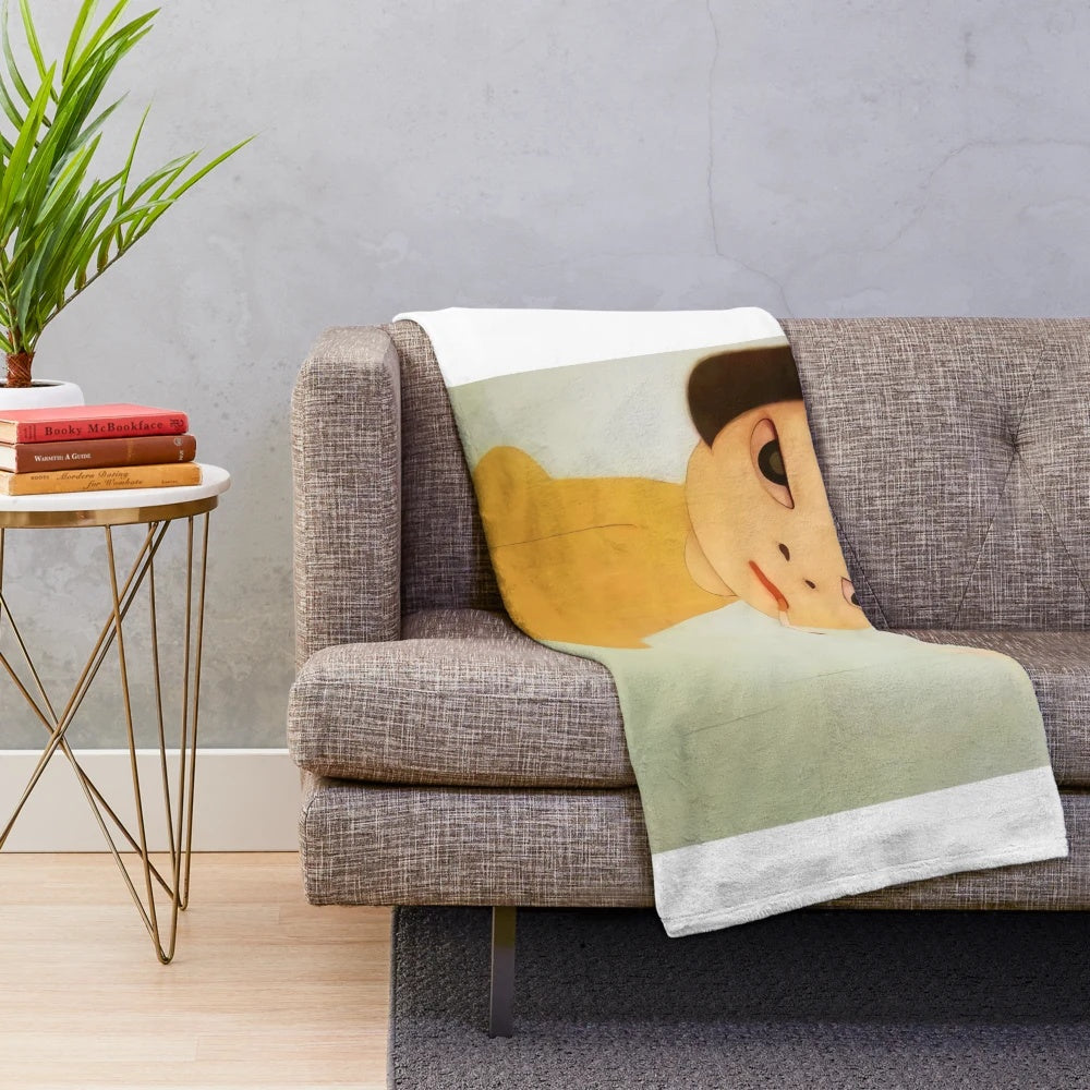 Cozy plush blanket featuring a cute girl painting in the style of renowned artist Yoshitomo Nara