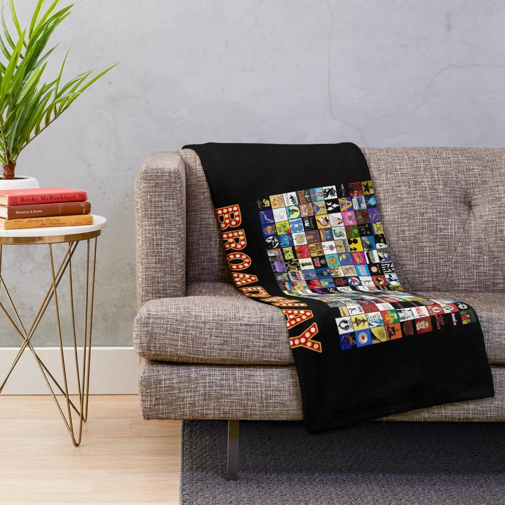 Plush blanket featuring hand-drawn Broadway musical theatre logos