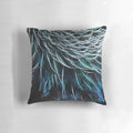 Close-up image of a vibrant tui feather, part of a handcrafted decorative pillow