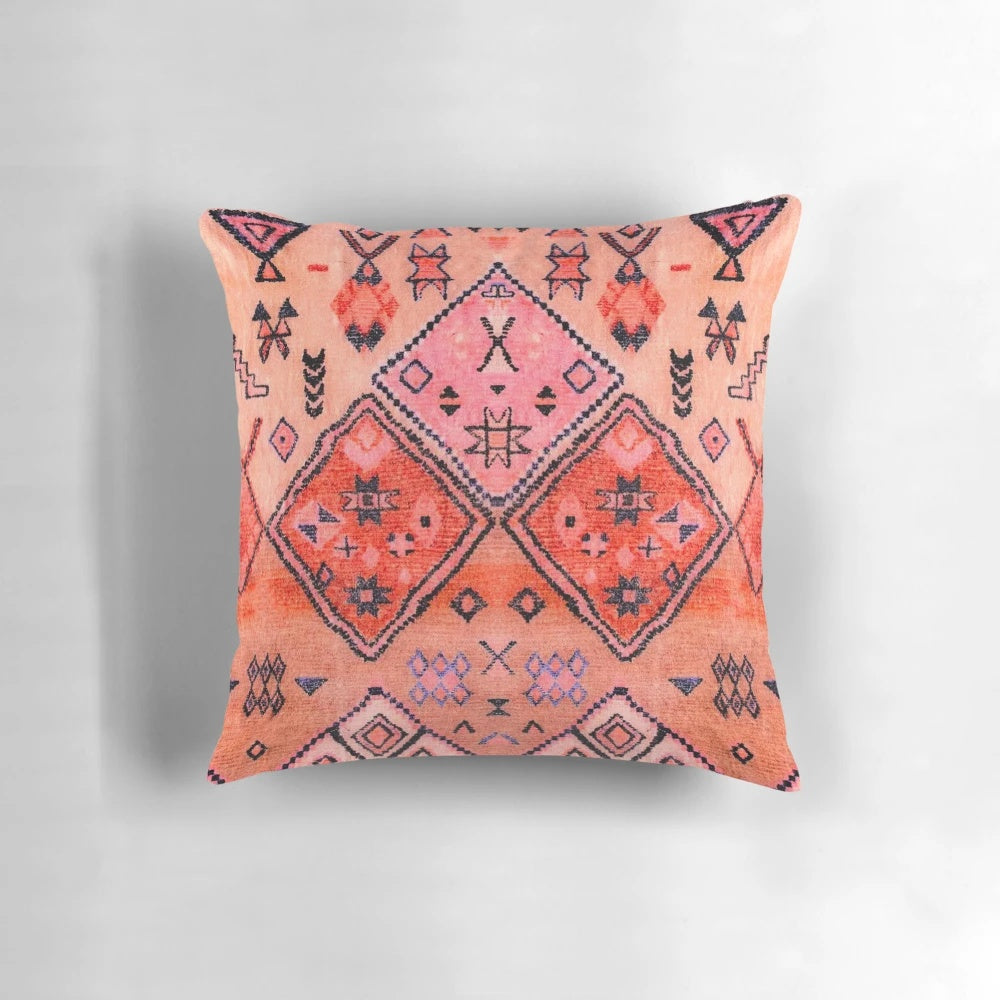Decorative throw pillow featuring a vibrant Moroccan-inspired artwork design