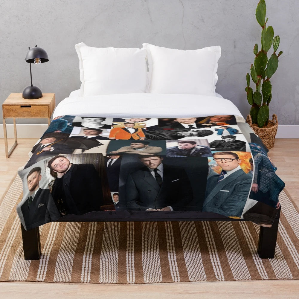 Taron Egerton abstract photocollage design on a plush blanket