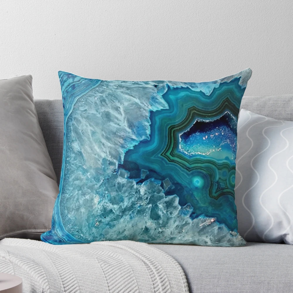 Teal, aqua, and turquoise blue agate mineral crystals patterned decorative throw pillow