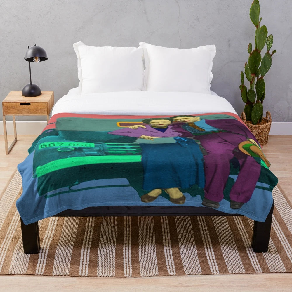 Colorful pop art plush blanket featuring Bonnie and Clyde inspired abstract patterns