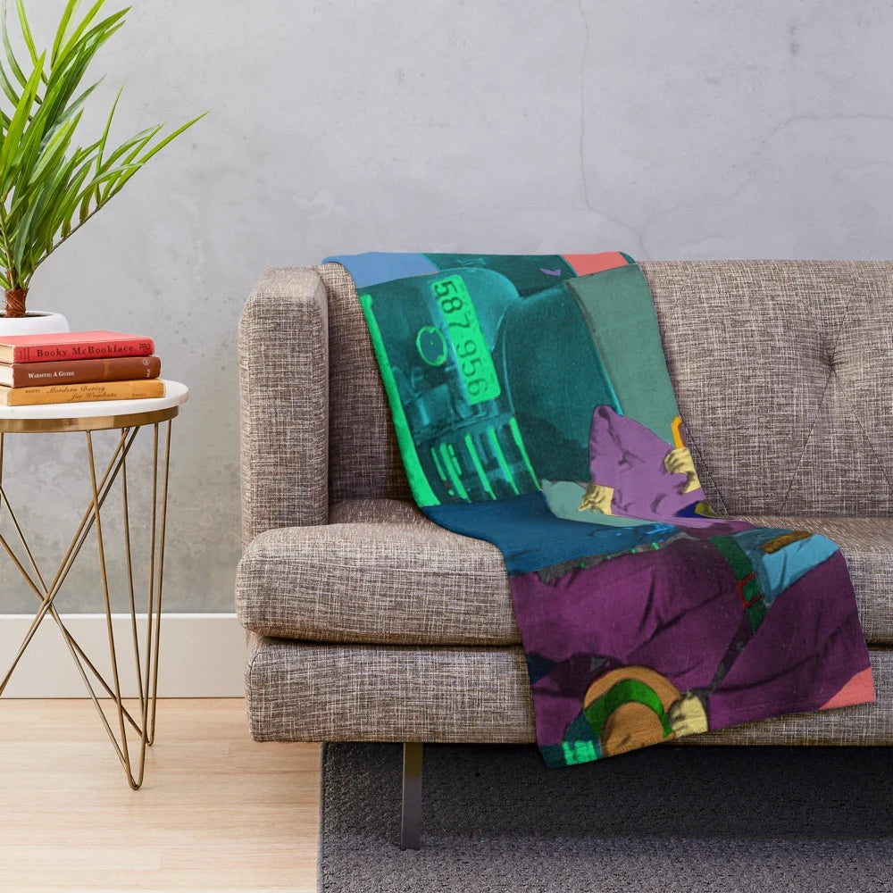 Colorful pop art plush blanket featuring Bonnie and Clyde inspired abstract patterns