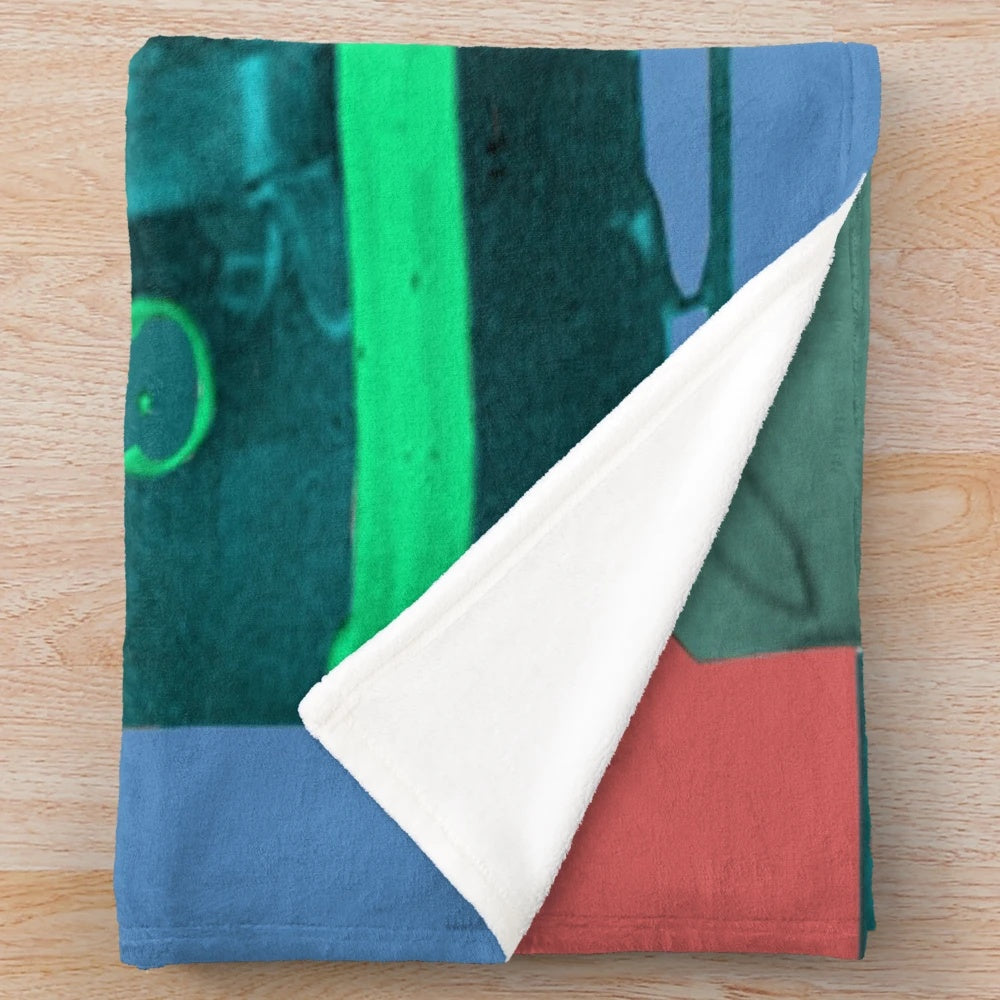 Colorful pop art plush blanket featuring Bonnie and Clyde inspired abstract patterns