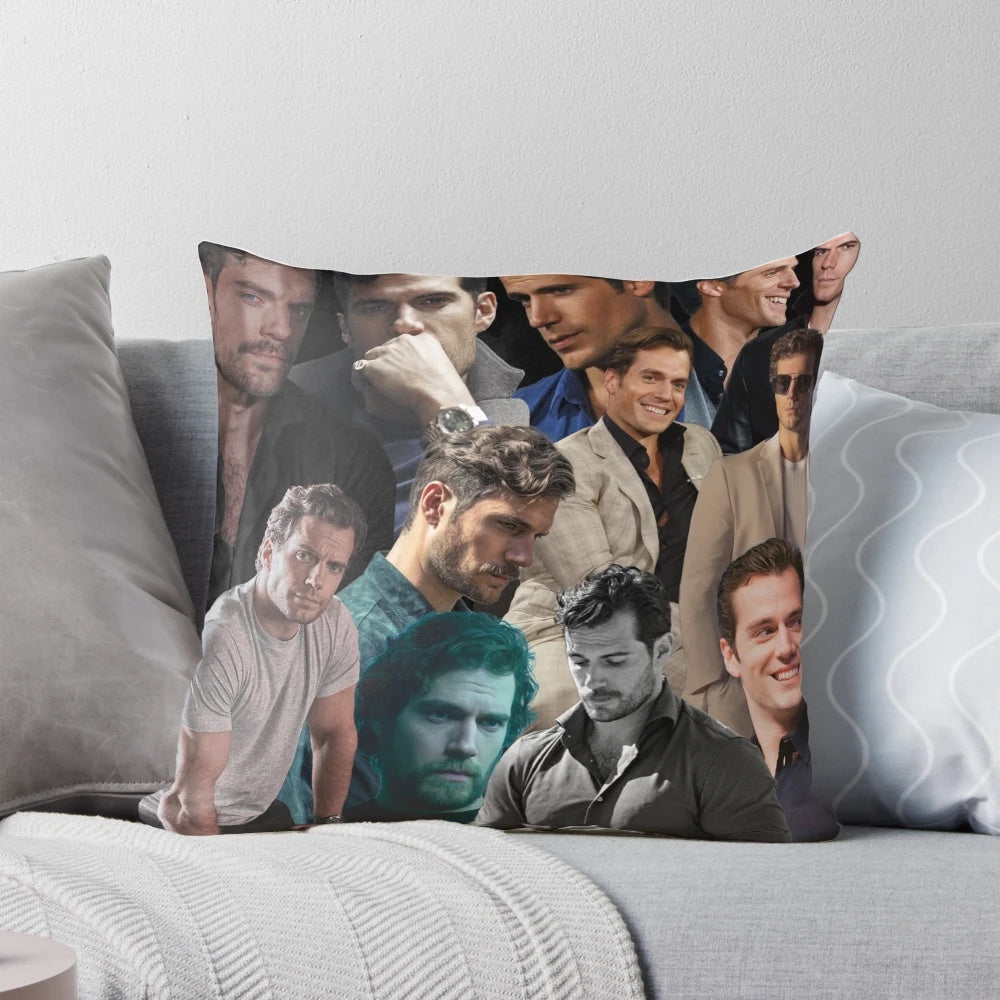 Decorative pillow featuring an artistic collage design of actor Henry Cavill