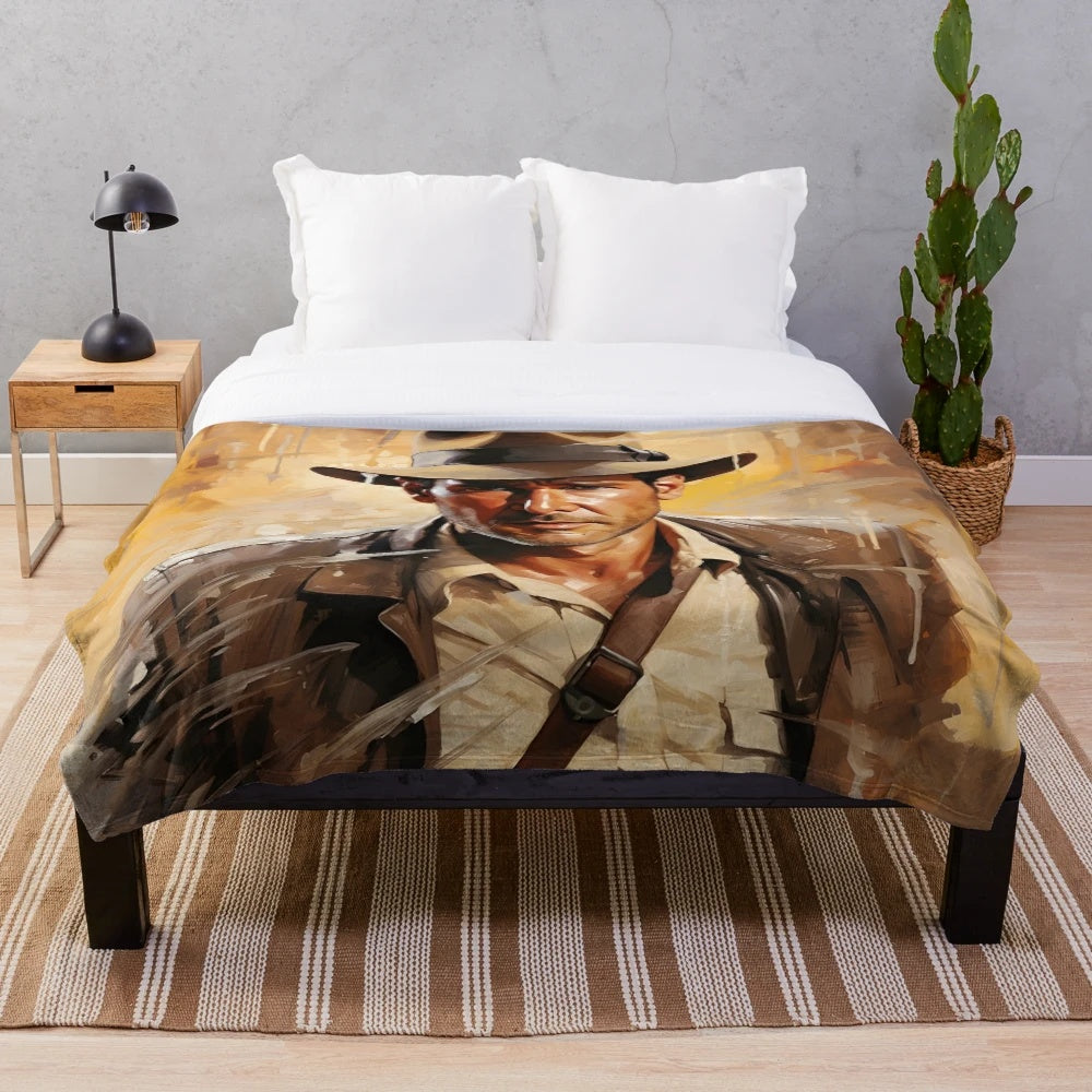 Indiana Jones inspired plush blanket featuring movie-inspired artwork