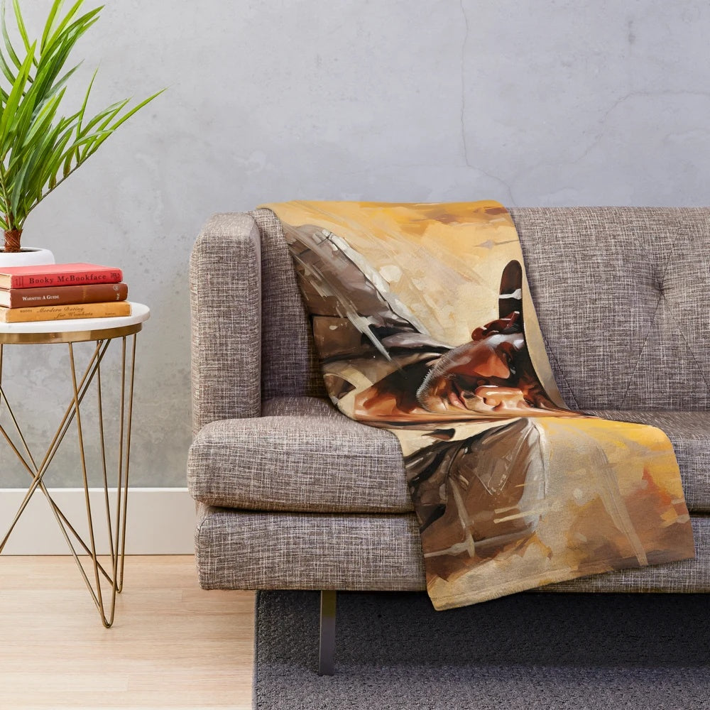 Indiana Jones inspired plush blanket featuring movie-inspired artwork