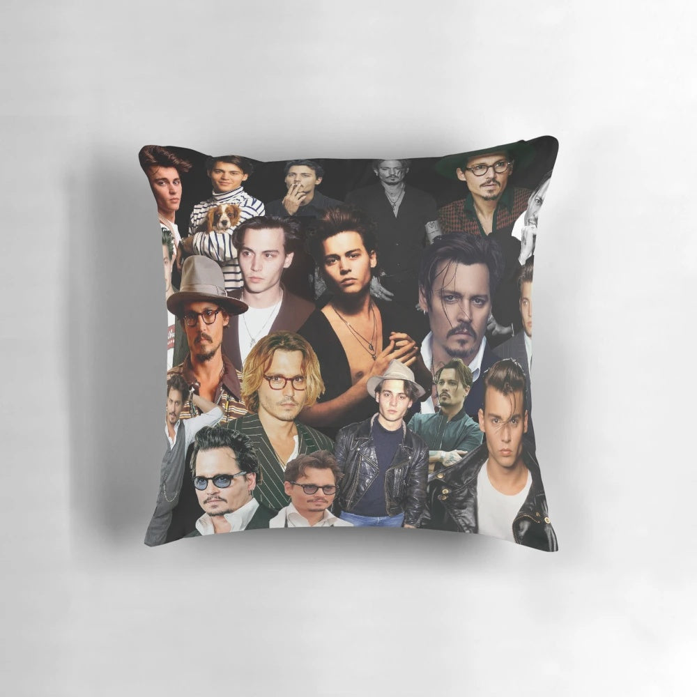 A collage of Johnny Depp in various movie roles, printed on a comfortable pillow