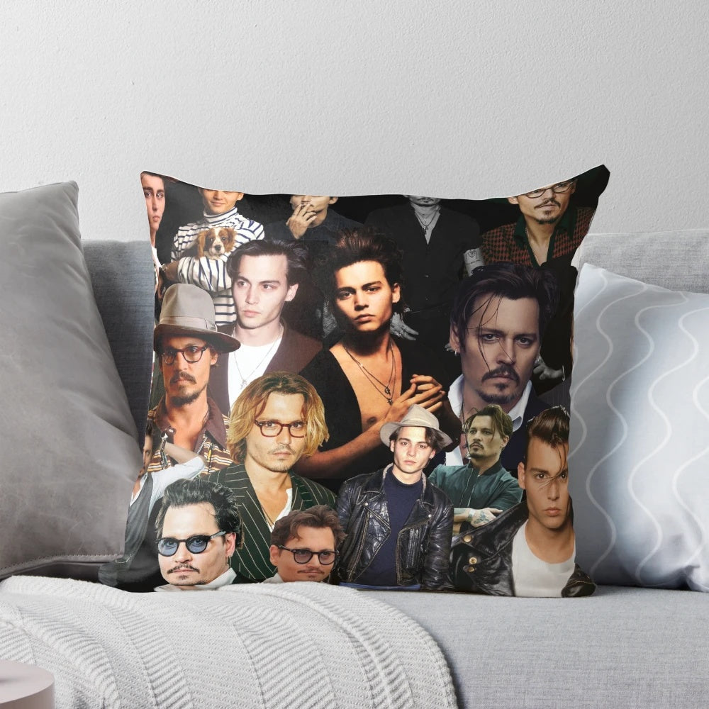 A collage of Johnny Depp in various movie roles, printed on a comfortable pillow