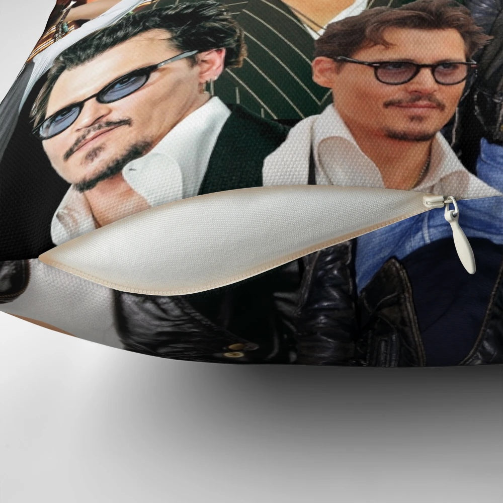 A collage of Johnny Depp in various movie roles, printed on a comfortable pillow