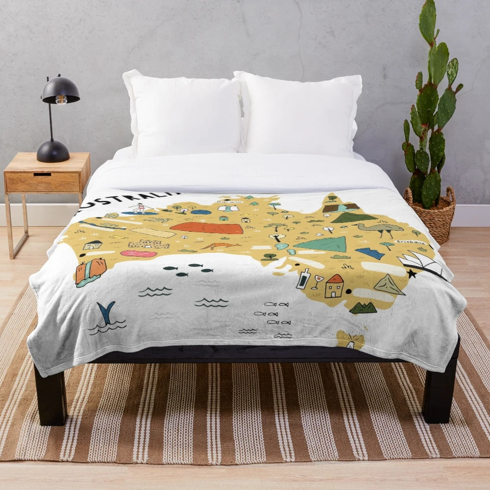 Colorful hand-drawn cartoon map of Australia on a soft plush blanket