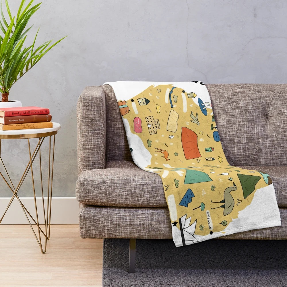 Colorful hand-drawn cartoon map of Australia on a soft plush blanket