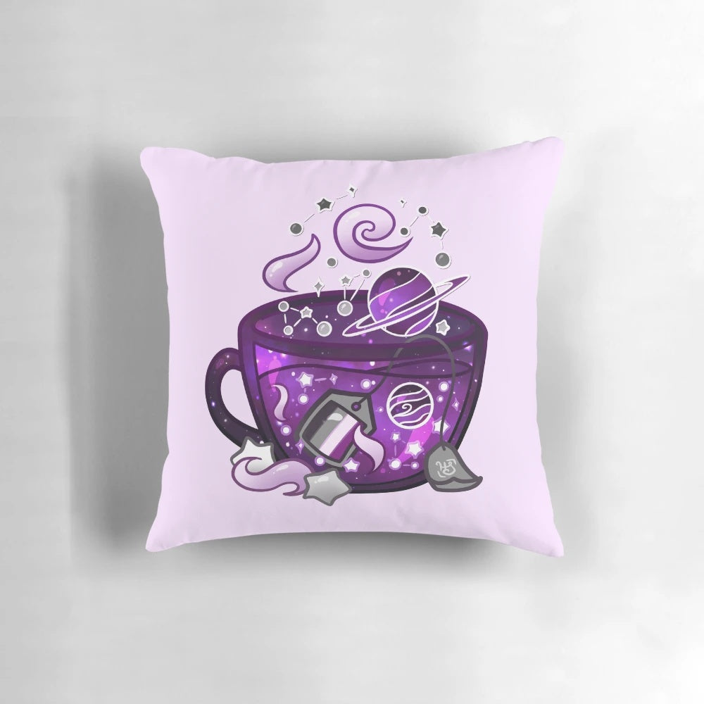 Asexual pride flag teacup-shaped pillow with stars and a whimsical, aesthetic design