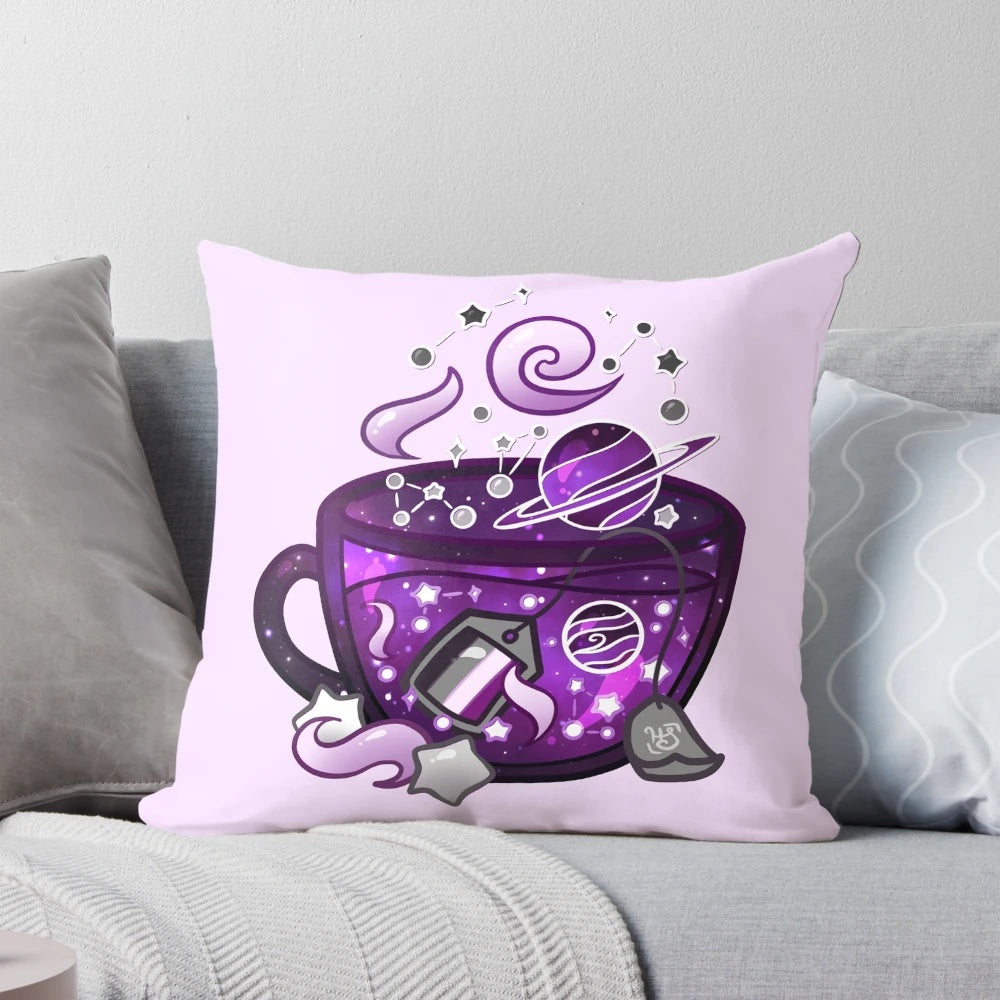 Asexual pride flag teacup-shaped pillow with stars and a whimsical, aesthetic design