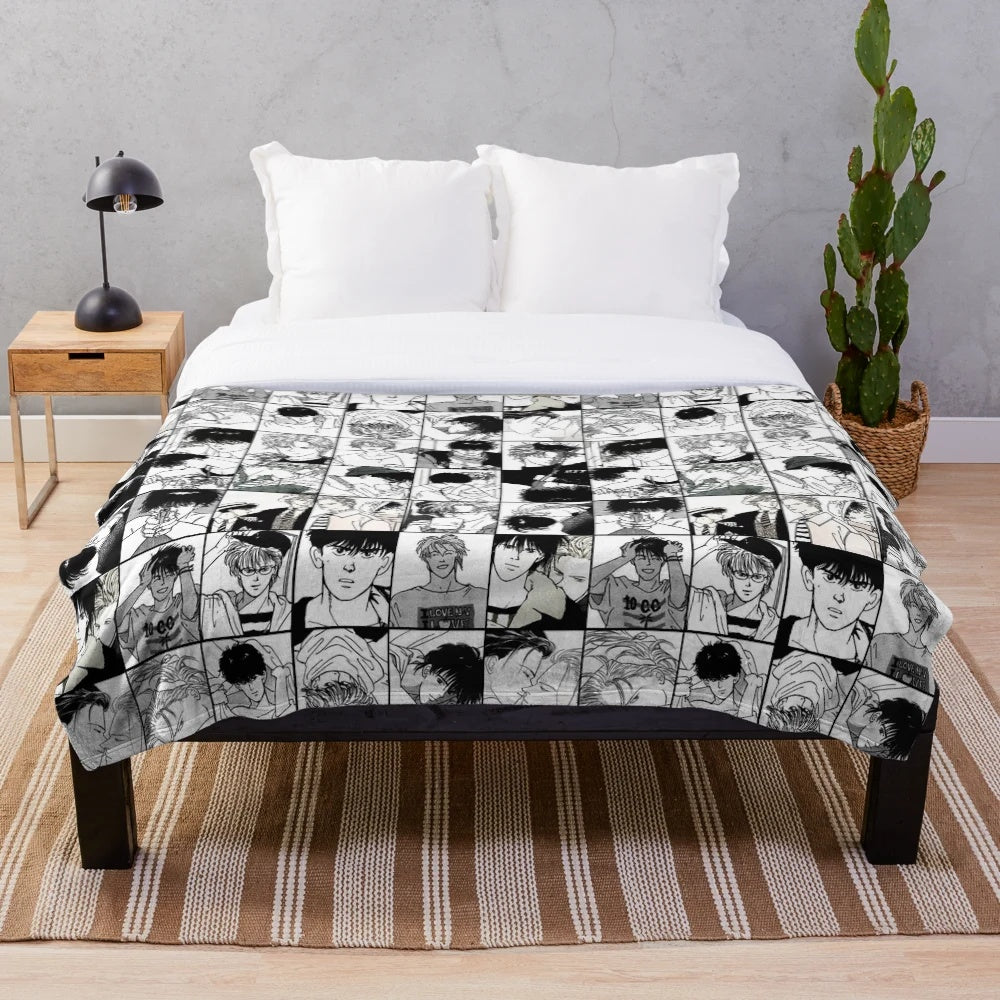 Banana Fish inspired plush blanket featuring a collage of black and white manga panels depicting characters Ash Lynx and Eiji Okumura